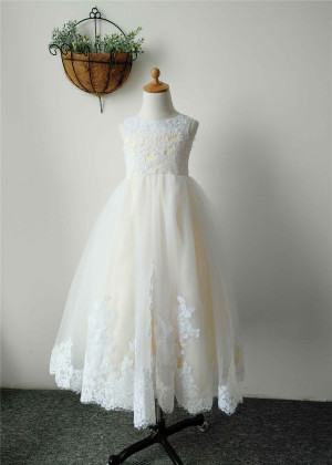 Ivory Lace Tulle With Yellow Lining Floor Length Flower Girl Dress
